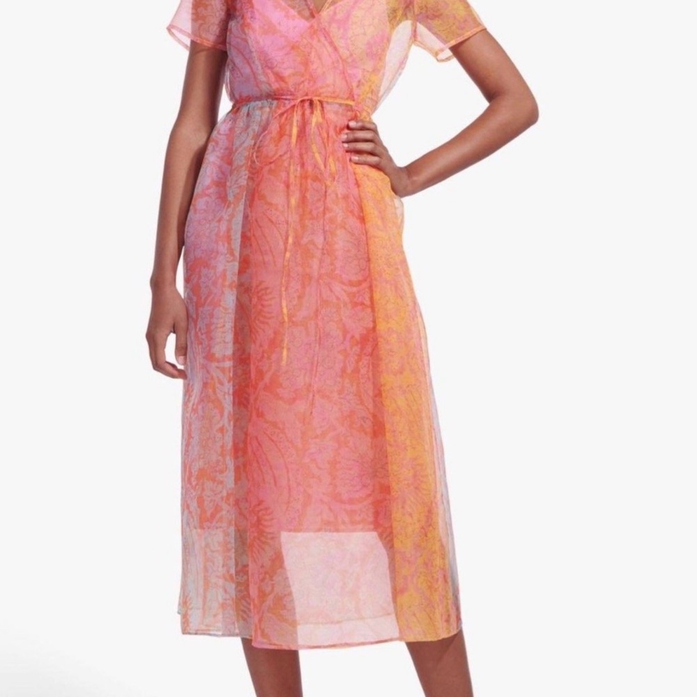 STAUD Sheer Coral-Peach Midi Dress with Tie Waist